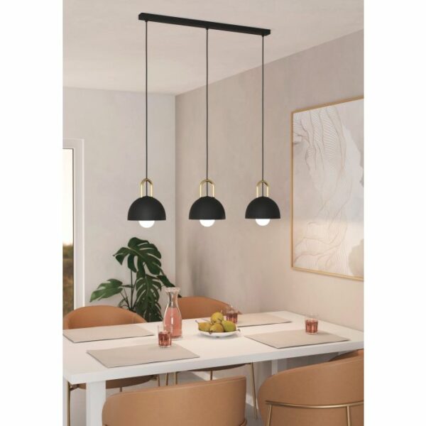 modern 3 light round shade ceiling pendant black and brass - Stillorgan Decor