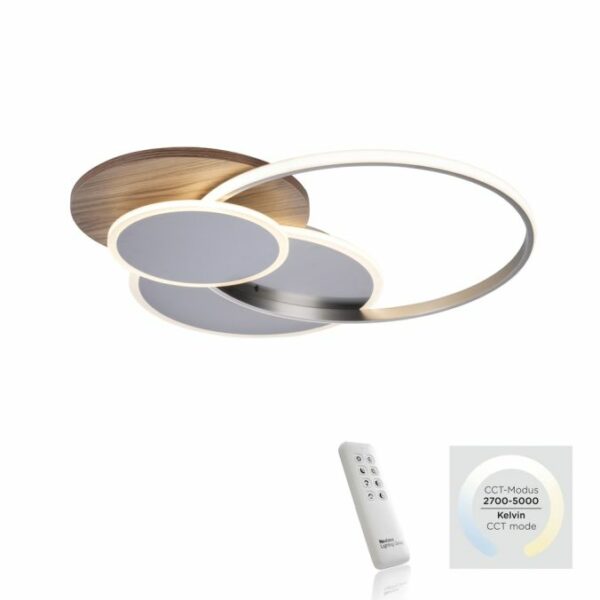 modern remote 3 ring led silver ceiling light with wood plate - Stillorgan Decor