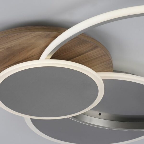 modern remote 3 ring led silver ceiling light with wood plate - Stillorgan Decor