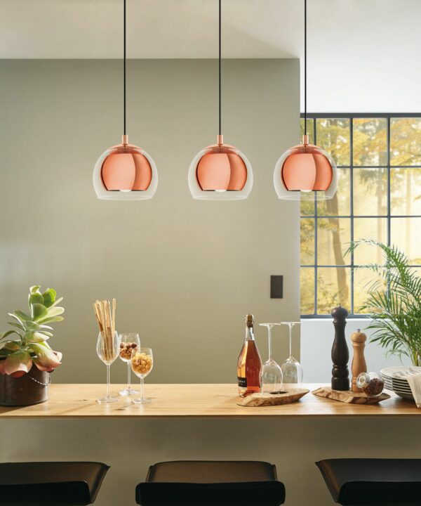 contemporary 3 light copper and clear glass dome bar pendant light - Stillorgan Decor