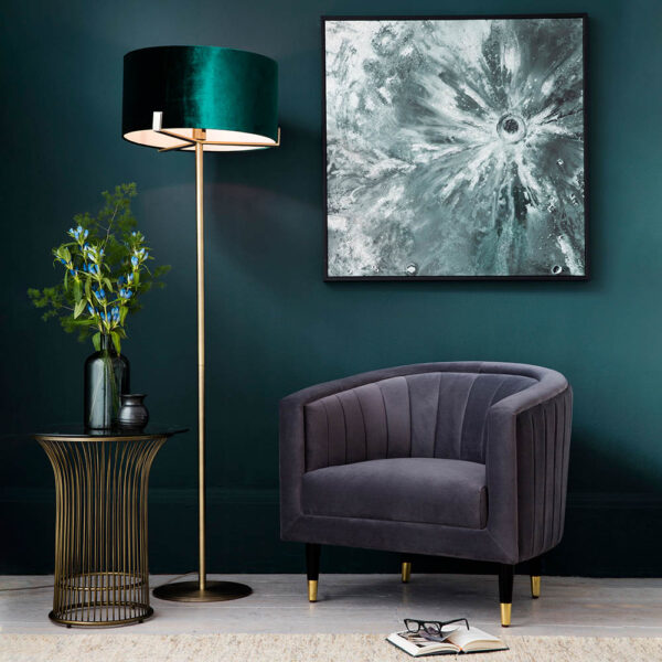 sophisticated floor lamp antique brass with rich green velvet shade - Stillorgan Decor