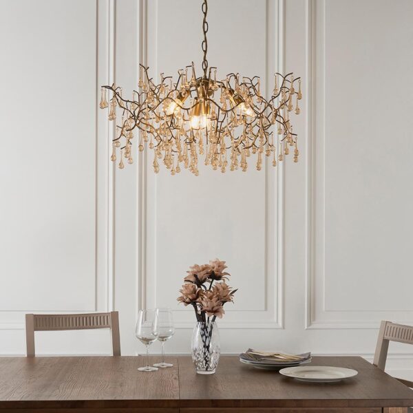 aged gold branch chandelier with glass droplets - Stillorgan Decor