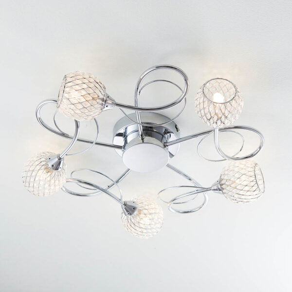 elegant 5 light twist arm flush ceiling light with mesh shades polished chrome - Stillorgan Decor