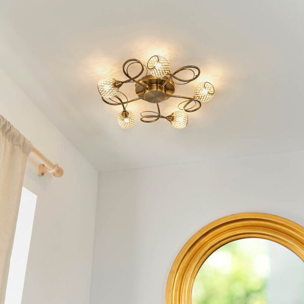 elegant 5 light twist arm flush ceiling light with mesh shades antique brass - Stillorgan Decor