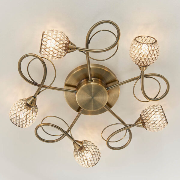 elegant 5 light twist arm flush ceiling light with mesh shades antique brass - Stillorgan Decor