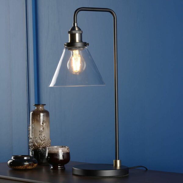 industrial style glass shade table lamp brass and black - Stillorgan Decor