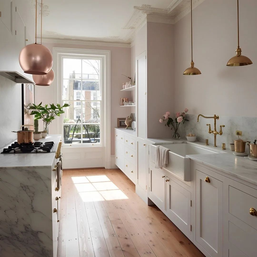Blush walls, neutral cabinets and those rose gold lights add a chic touch to this culinary haven featuring @fleetwood_paints 😍

🎨: Svelte CP0462 (Wall)
🎨: Eider White 049 (Cabinets)