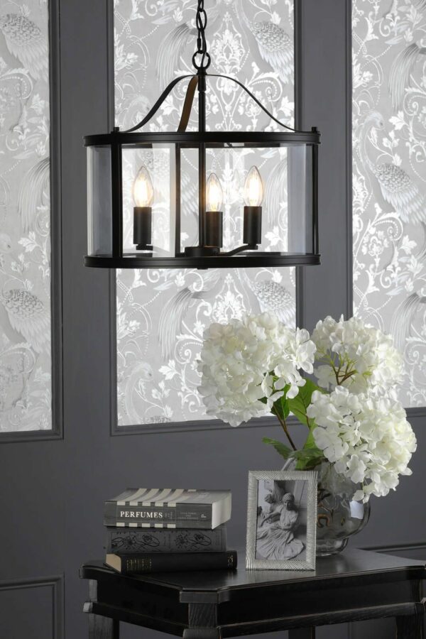 laura ashley harrington 3 light pendant matt black and glass - Stillorgan Decor