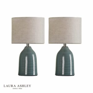 laura ashley penny table lamp (twin pack) blue crackle glaze and natural with shade - Stillorgan Decor
