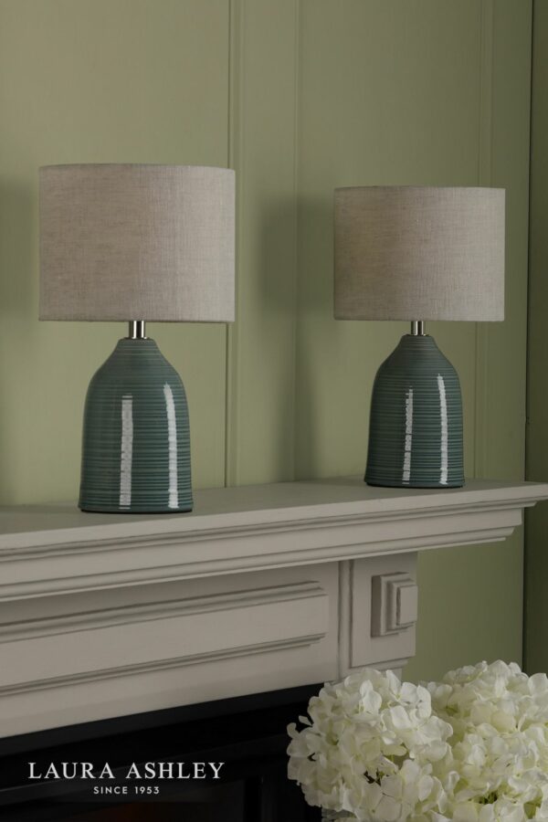 laura ashley penny table lamp (twin pack) blue crackle glaze and natural with shade - Stillorgan Decor