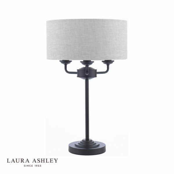 laura ashley sorrento 3 light table lamp matt black and natural with shade - Stillorgan Decor