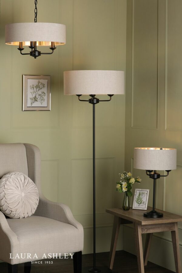 laura ashley sorrento 3 light floor lamp matt black and natural with shade - Stillorgan Decor