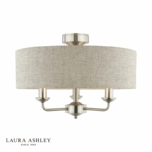 laura ashley sorrento 3 light semi flush satin nickel and natural with shade - Stillorgan Decor