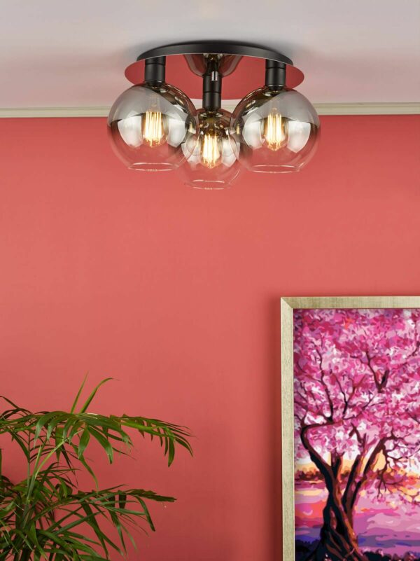 3 light flush satin matt black smoked ombre glass ceiling light - Stillorgan Decor