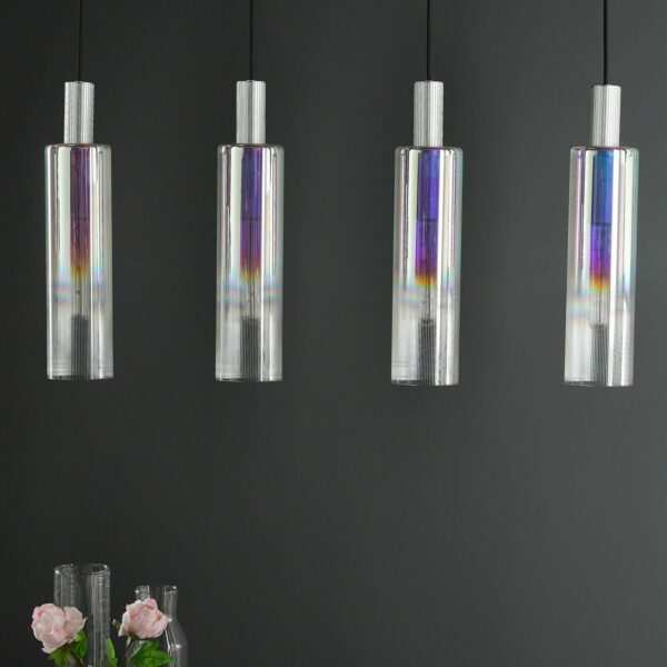 modern 4 light ribbed iridised cylinder glass shade silver bar pendant - Stillorgan Decor