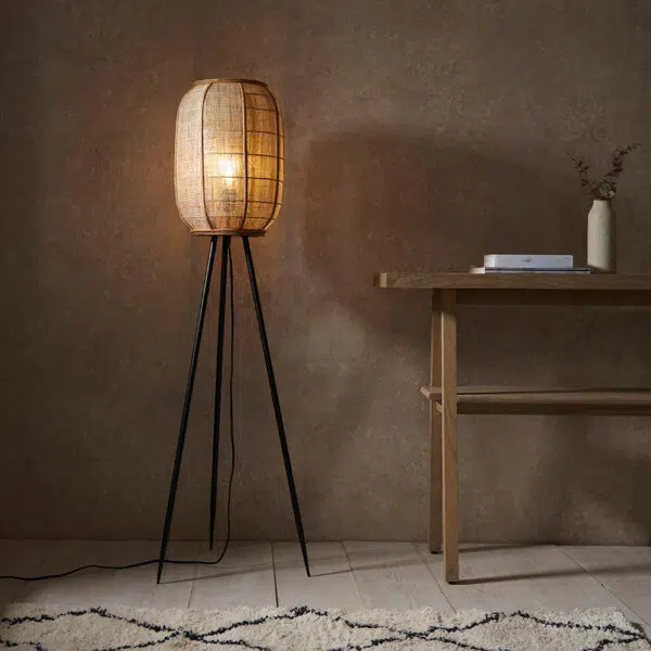 natural linen tripod floor lamp - Stillorgan Decor