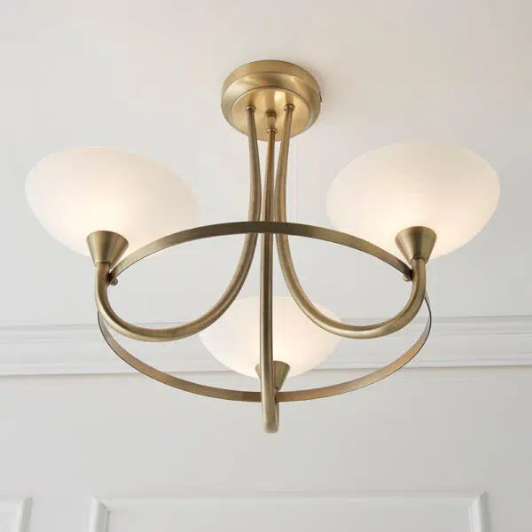 classic modern 3 light white shade ceiling light antique brass - Stillorgan Decor