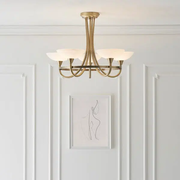 classic modern 5 light white shade ceiling light antique brass - Stillorgan Decor