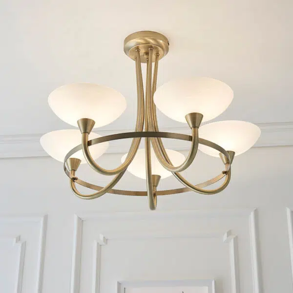 classic modern 5 light white shade ceiling light antique brass - Stillorgan Decor