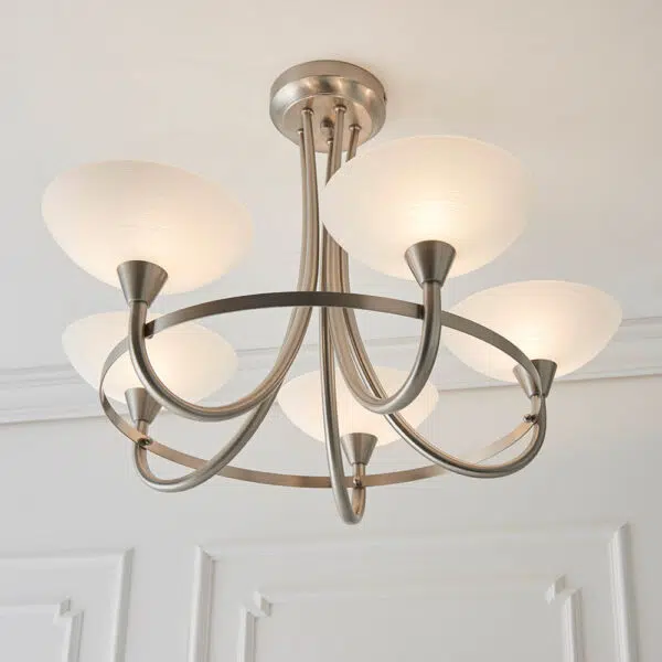 classic modern 5 light white shade ceiling light satin chrome - Stillorgan Decor
