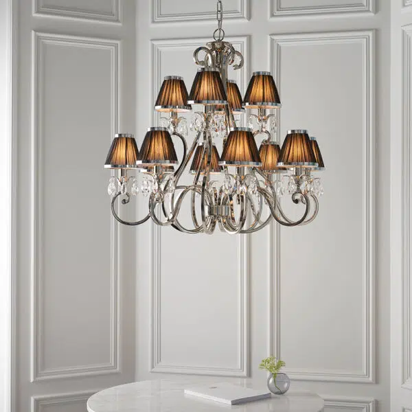luxurious 12 light polished nickel and crystal chandelier with black shades - Stillorgan Decor