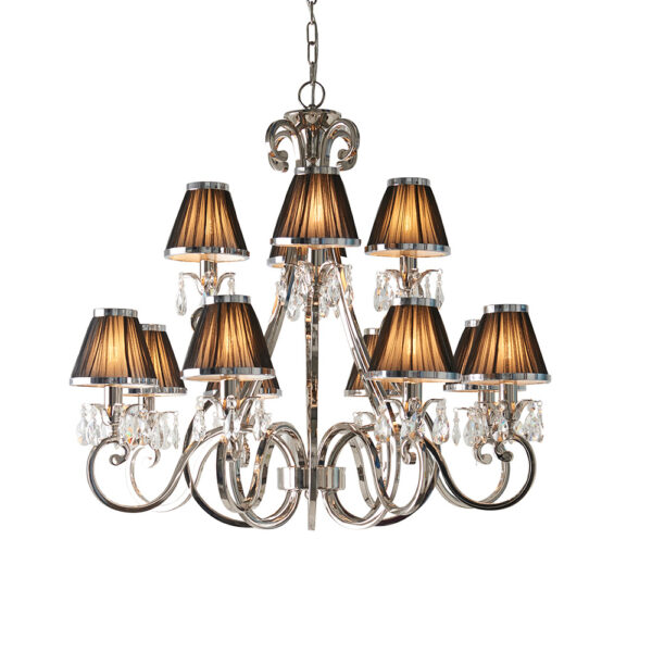 luxurious 12 light polished nickel and crystal chandelier with black shades - Stillorgan Decor
