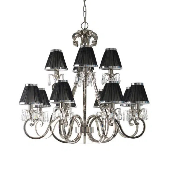 luxurious 12 light polished nickel and crystal chandelier with black shades - Stillorgan Decor