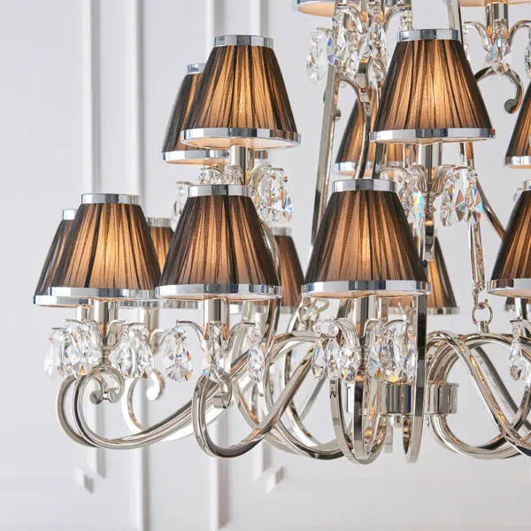 luxurious 21 light polished nickel and crystal chandelier with black shades - Stillorgan Decor