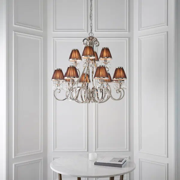 luxurious 12 light polished nickel and crystal chandelier with chocolate shades - Stillorgan Decor