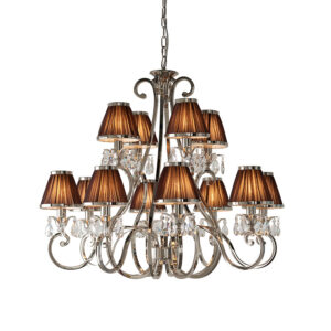 luxurious 12 light polished nickel and crystal chandelier with chocolate shades - Stillorgan Decor
