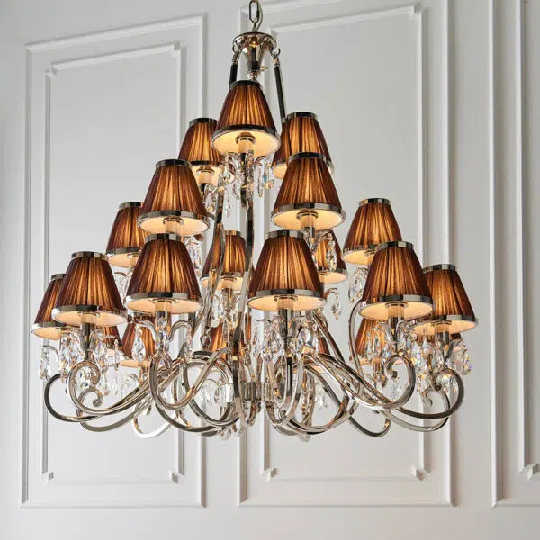 luxurious 21 light polished nickel and crystal chandelier with chocolate shades - Stillorgan Decor
