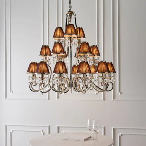 luxurious 21 light polished nickel and crystal chandelier with chocolate shades - Stillorgan Decor