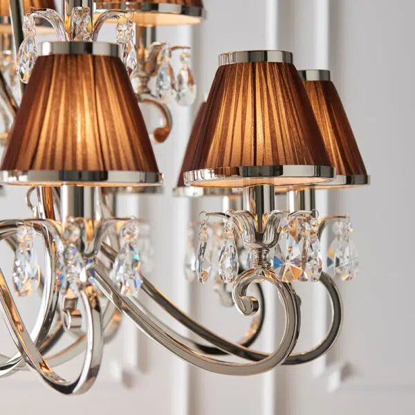 luxurious 21 light polished nickel and crystal chandelier with chocolate shades - Stillorgan Decor