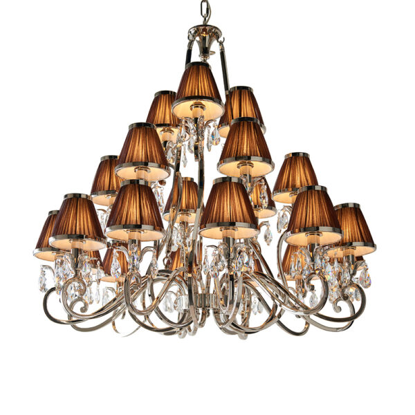 luxurious 21 light polished nickel and crystal chandelier with chocolate shades - Stillorgan Decor
