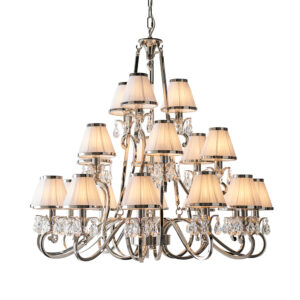 luxurious 21 light polished nickel and crystal chandelier with white shades - Stillorgan Decor