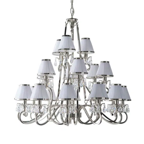 luxurious 21 light polished nickel and crystal chandelier with white shades - Stillorgan Decor
