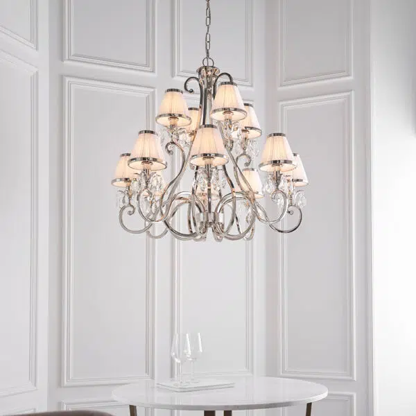 luxurious 12 light polished nickel and crystal chandelier with white shades - Stillorgan Decor