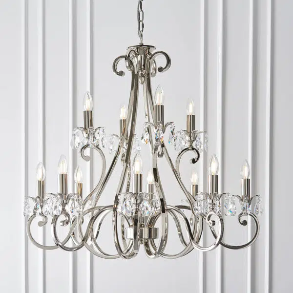 luxurious 12 light polished nickel and crystal chandelier with white shades - Stillorgan Decor