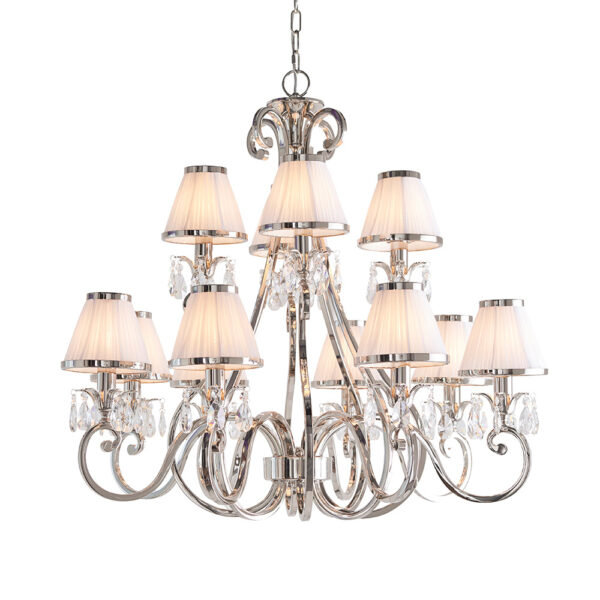 luxurious 12 light polished nickel and crystal chandelier with white shades - Stillorgan Decor