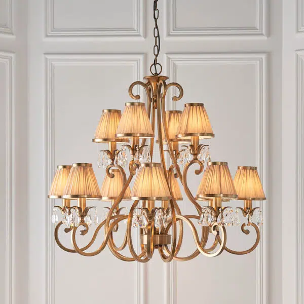 luxurious 12 light antique brass and crystal chandelier with beige shades - Stillorgan Decor