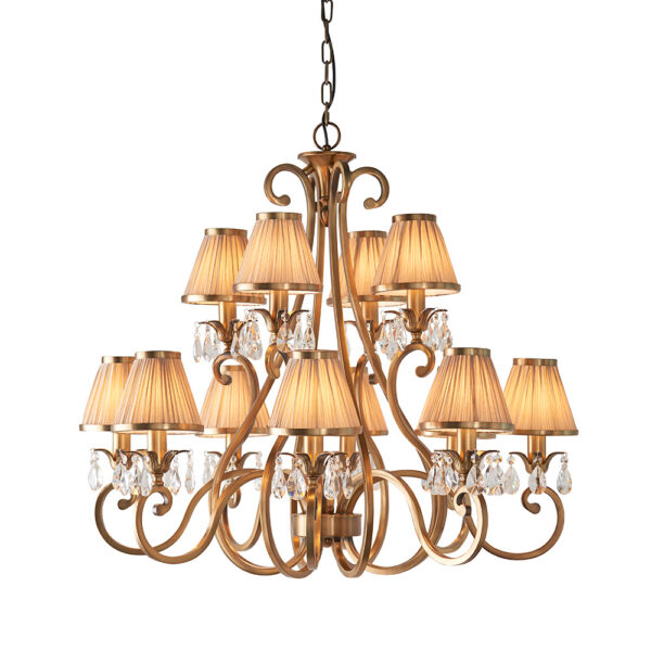 luxurious 12 light antique brass and crystal chandelier with beige shades - Stillorgan Decor