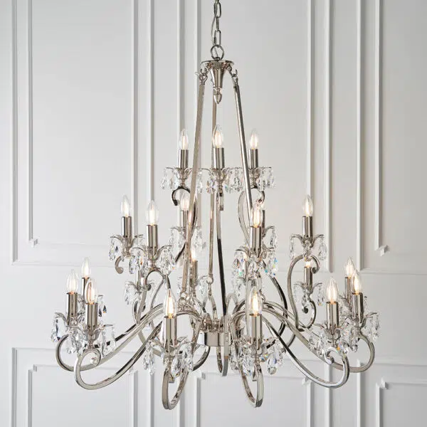 luxurious 21 light polished nickel and crystal chandelier - Stillorgan Decor
