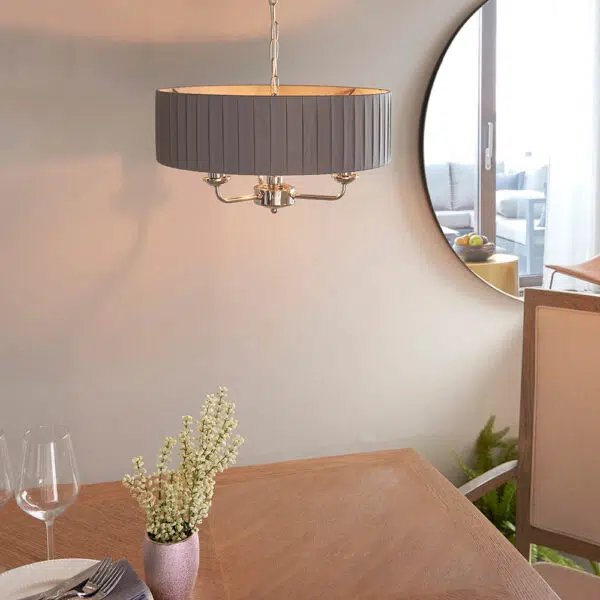 elegant 3 arm ceiling light nickel with wrapped charcoal shade - Stillorgan Decor