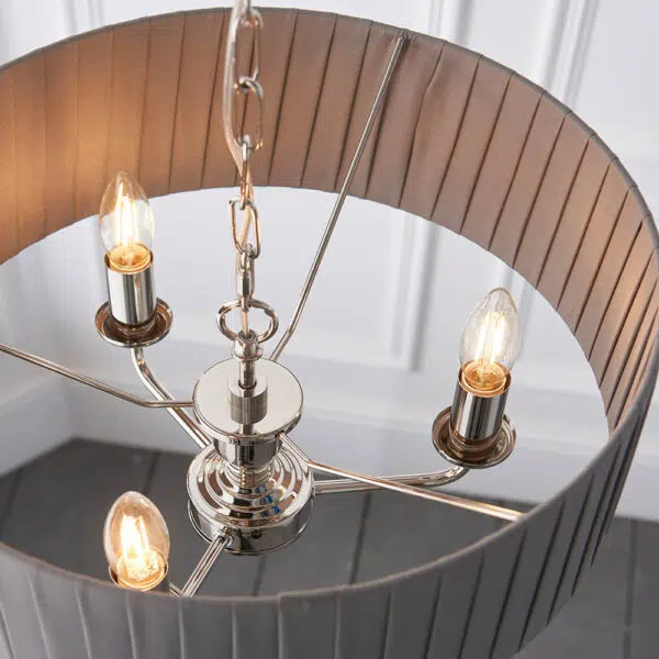 elegant 3 arm ceiling light nickel with wrapped charcoal shade - Stillorgan Decor