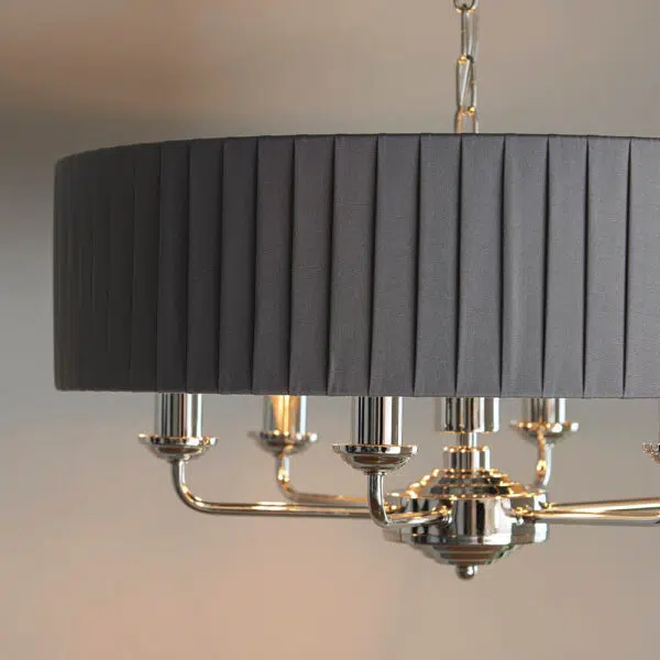 elegant 6 arm ceiling light nickel with wrapped charcoal shade - Stillorgan Decor