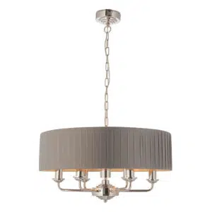 elegant 6 arm ceiling light nickel with wrapped charcoal shade - Stillorgan Decor