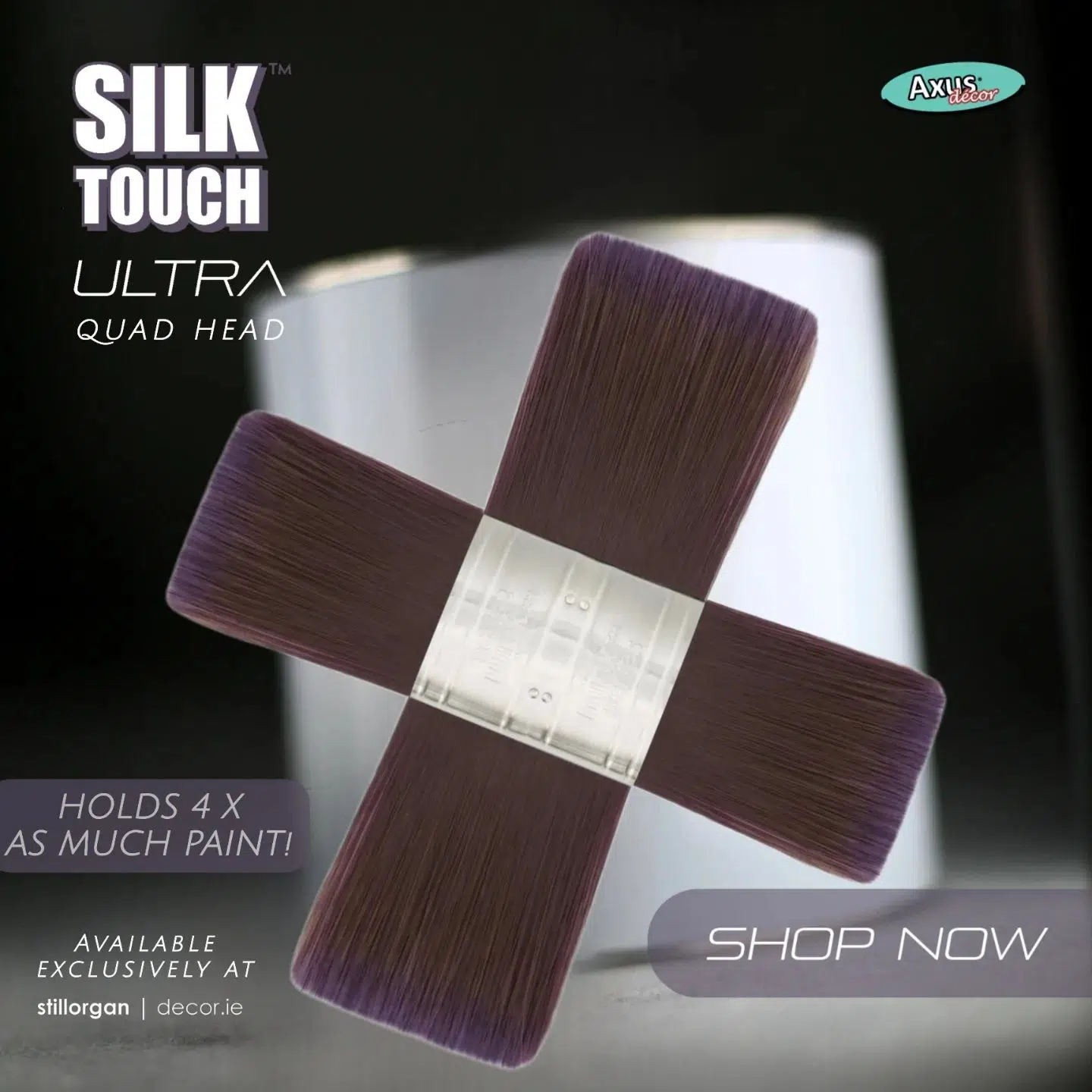 Stillorgan Decor are delighted to be exclusive stockists of the new @axusdecor Silk Touch Ultra Quad Head brush! This incredible brush holds 4 times as much paint as conventional paint brushes!