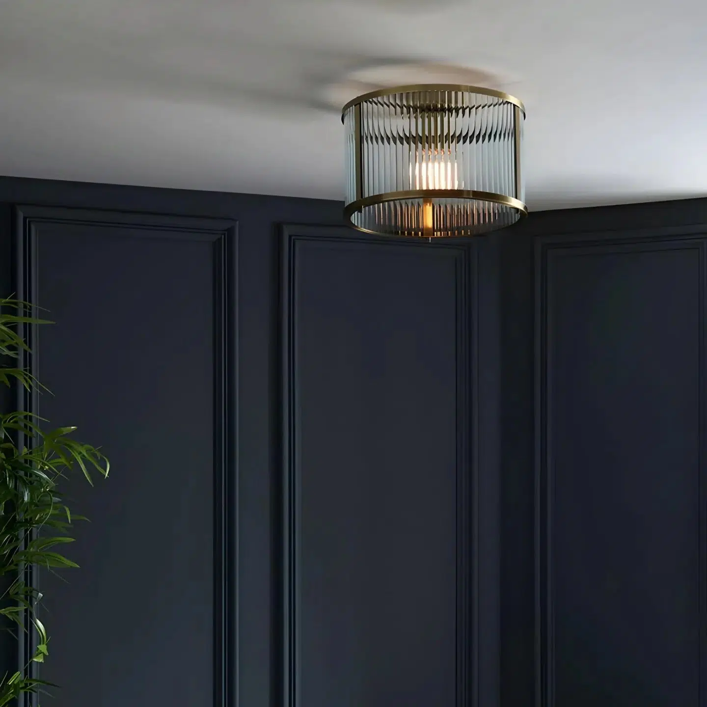 Ideal for low ceiling rooms; the clear ribbed glass panel shades on this ceiling light beautifully diffuse the light. 

A matching pendant light is also available to create a co-ordinated look. 💡