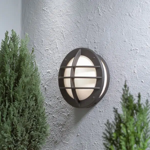 modern round grid opal glass outdoor wall light black - Stillorgan Decor