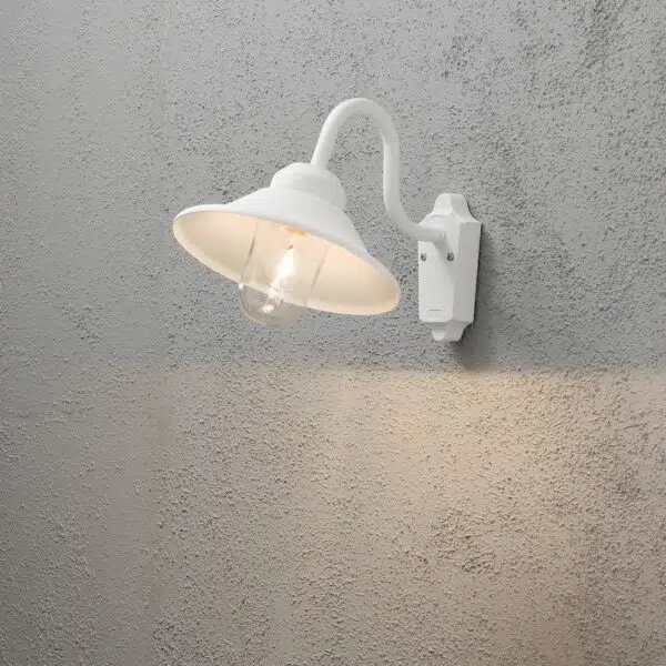 modern curved arm exterior wall light with glass shade white - Stillorgan Decor